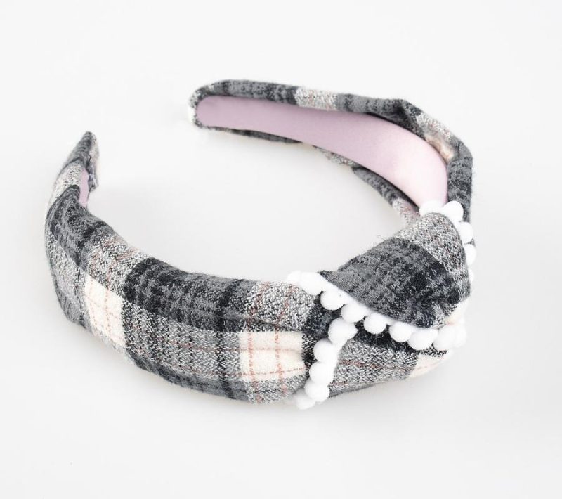 Hair Care |  Plaid Pom-Pom Knot Headband Hair Care Grey